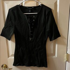 NWT WHBM Dark Green Lace-Up Short Sleeve Top